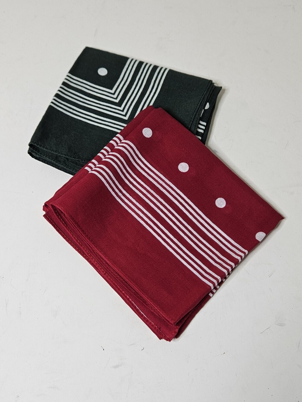 Two Barbour Pocket Square Handkerchiefs Red Green Stripe Polka Dot Cotton Square